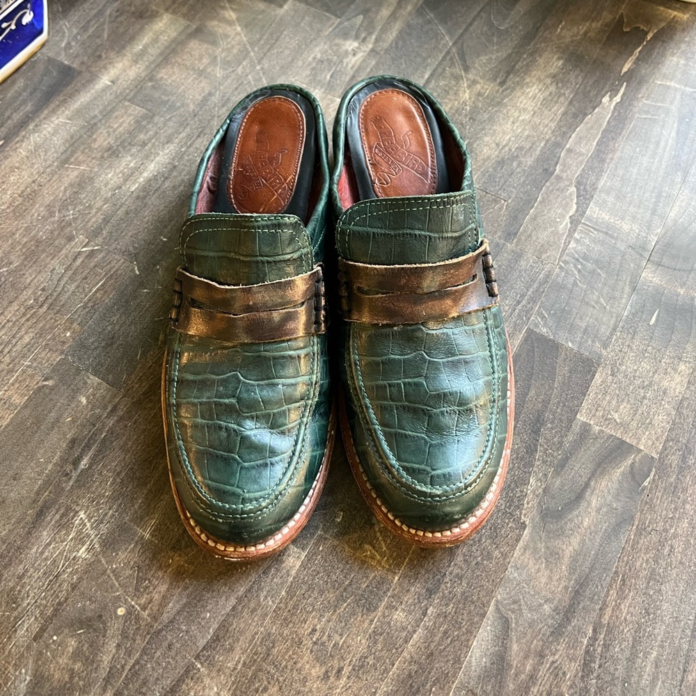 Freebird by Steven Monalisa Green Croc Mules Leather
